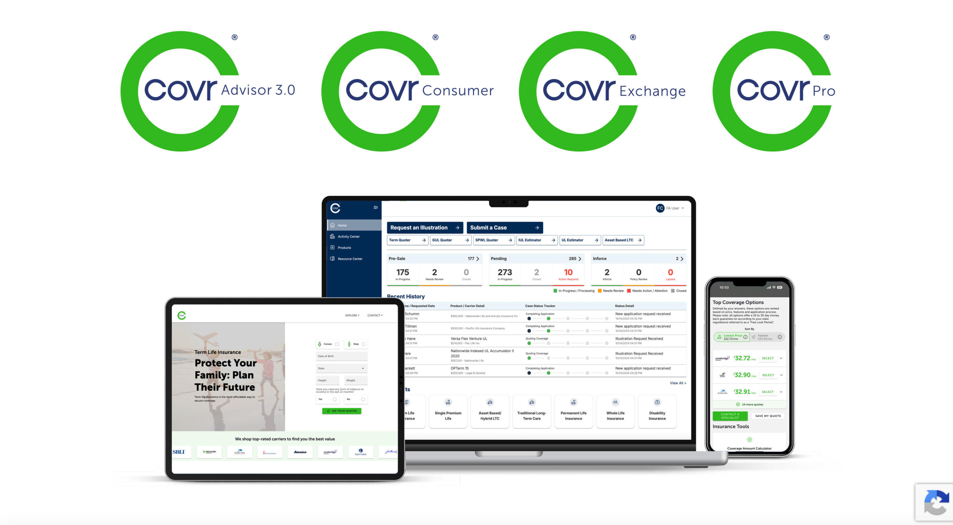 Covr product suite — Advisor, Consumer, Exchange, Pro