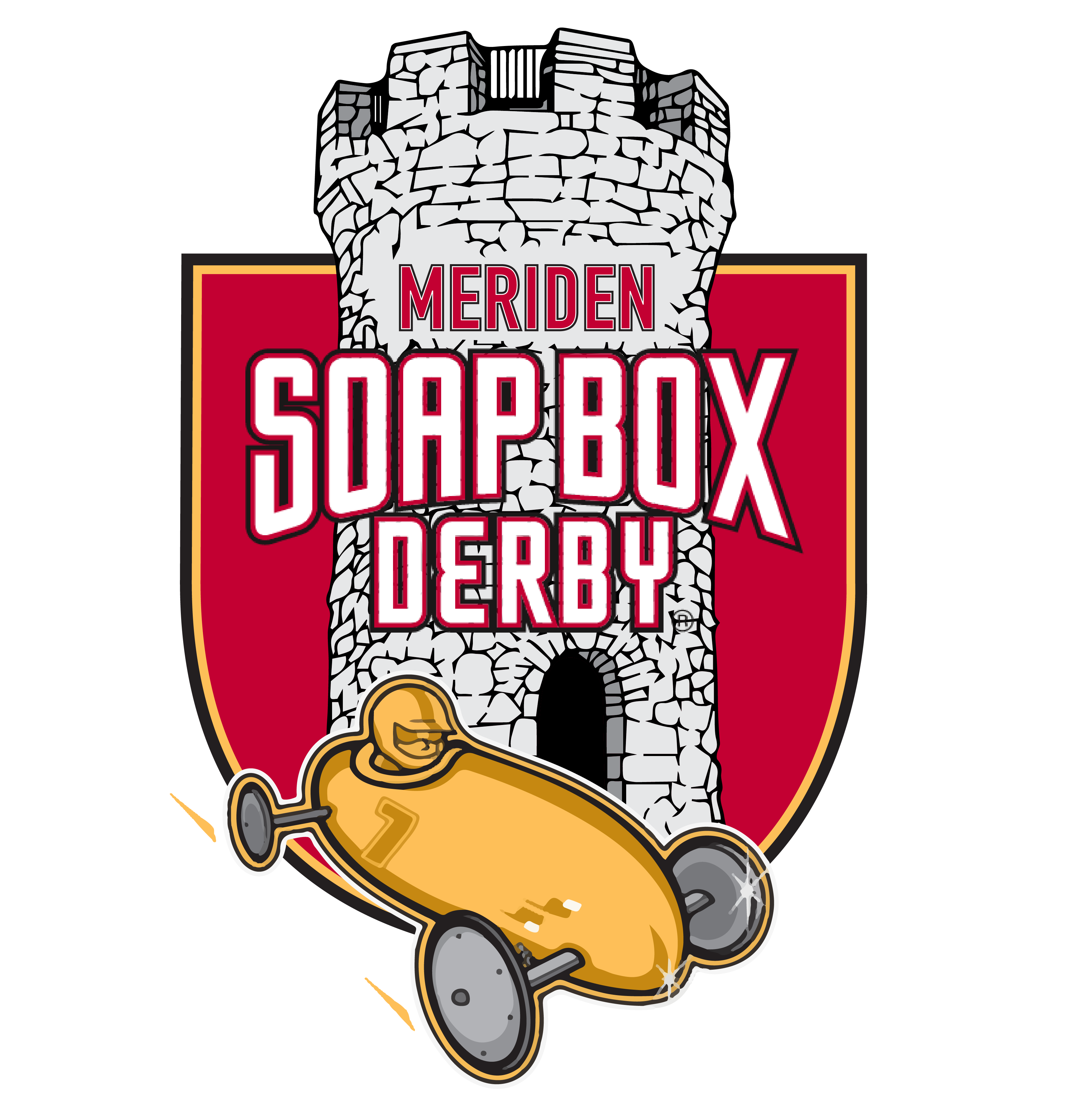 Meriden Soap Box Derby logo — castle tower with soap box car